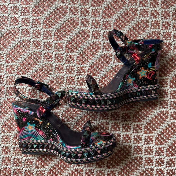 NWOT Christian Louboutin Pyraclou 110 Black Starlight Platform Wedge Sandals - Picture 3 of 7